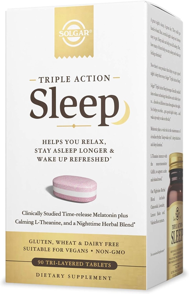 Solgar Triple Action Sleep, 60 Tri-Layer Tablets - Time-Release Melatonin & L-Theanine Plus Herbal Blend - Helps You Relax, Fall Asleep Fast & Stay Asleep Longer - Non-GMO, Gluten Free - 60 Servings 2