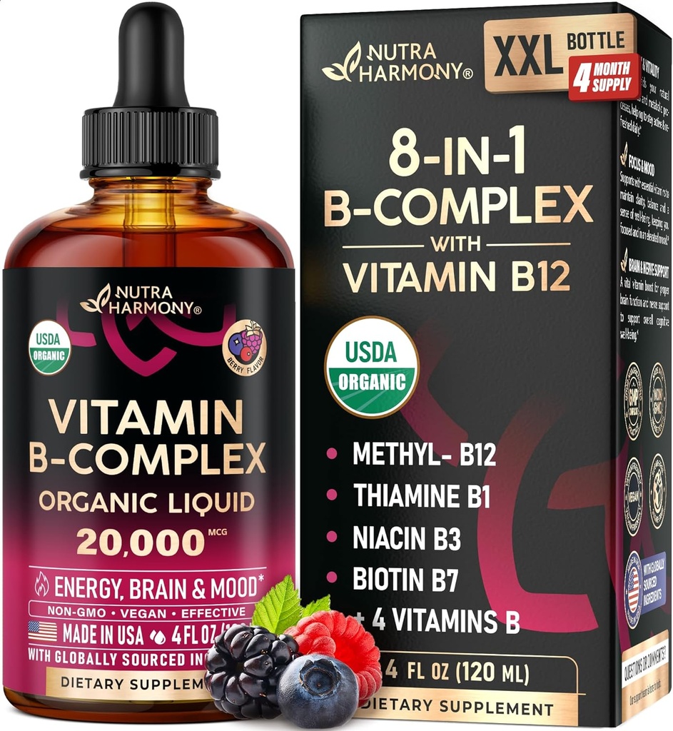 USDA Organic Vitamin B-Complex B5 Pantothenic Acid | B12 Methylcobalamin | B1 Thiamine | B6 Pyridoxine | B7 Biotin | B9 Folic | B3 Niacinamide - B Complex Liquid Drops, Made in USA Supplement, 4fl oz 2