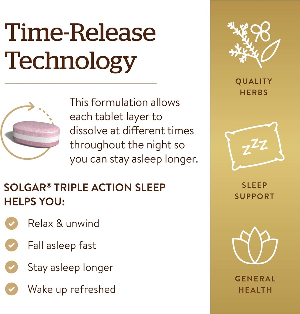 Solgar Triple Action Sleep, 60 Tri-Layer Tablets - Time-Release Melatonin & L-Theanine Plus Herbal Blend - Helps You Relax, Fall Asleep Fast & Stay Asleep Longer - Non-GMO, Gluten Free - 60 Servings 6
