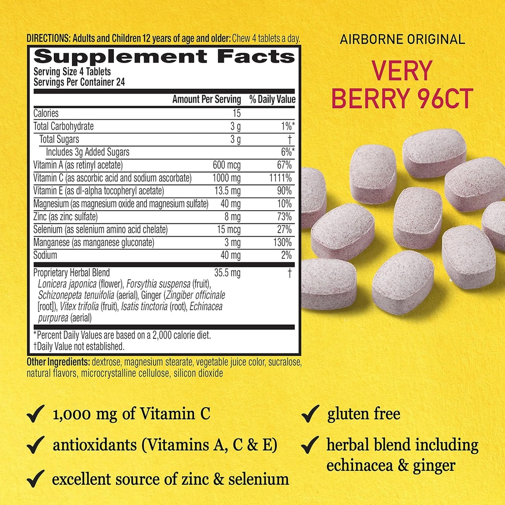 Airborne 1000mg Vitamin C Chewable Tablets Citrus & Very Berry Flavor Bundle - Immune Support Supplement with Zinc and Powerful Antioxidant Vitamins A C & E, (2x96ct bottles)* 5