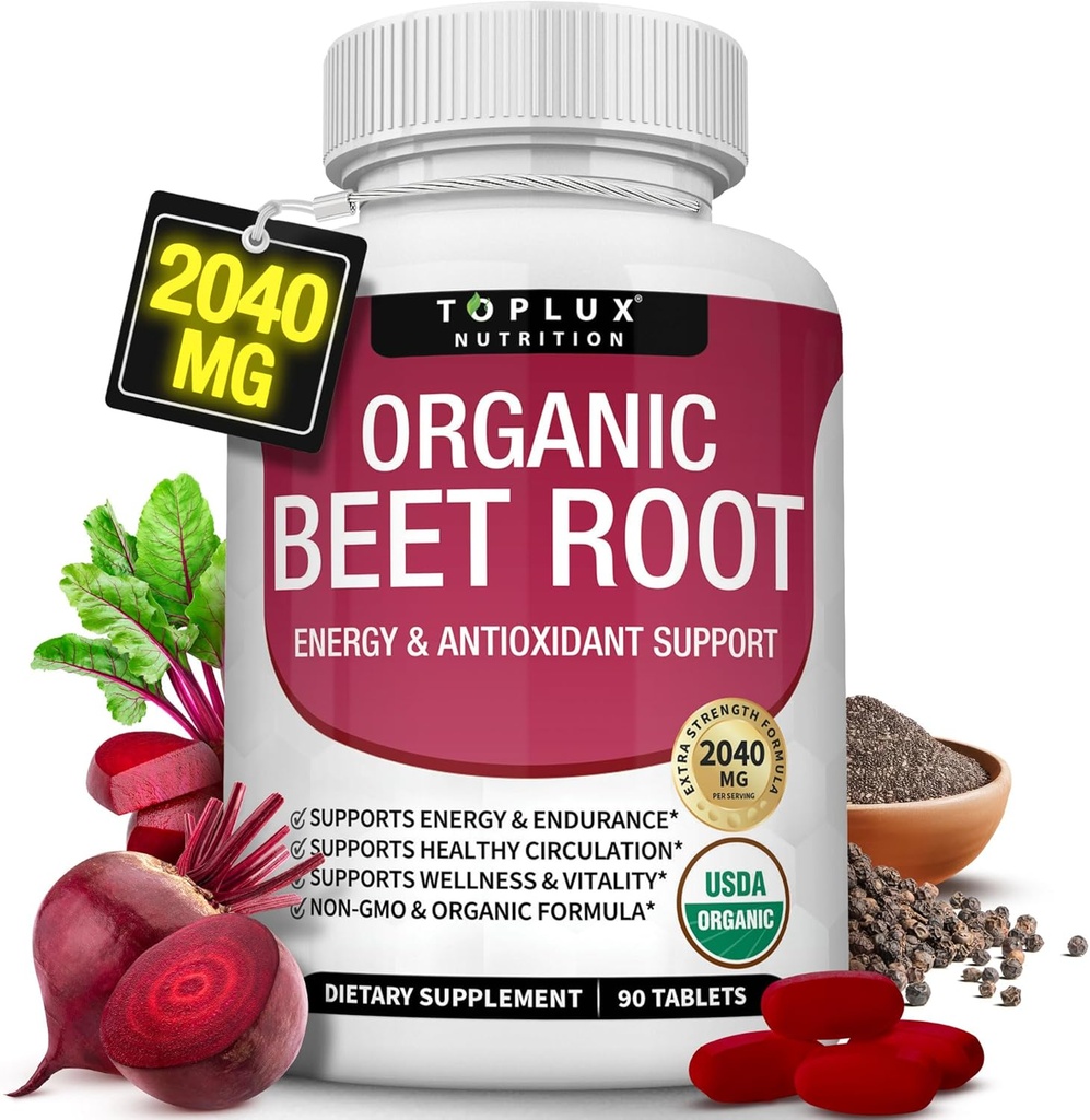 Organic Beet Root Powder Tablets - 2040mg Natural Nitric Oxide Beets to Support, Energy, Black Pepper Better Absorption, Non-GMO, for Men Women, 90 Tablets 2