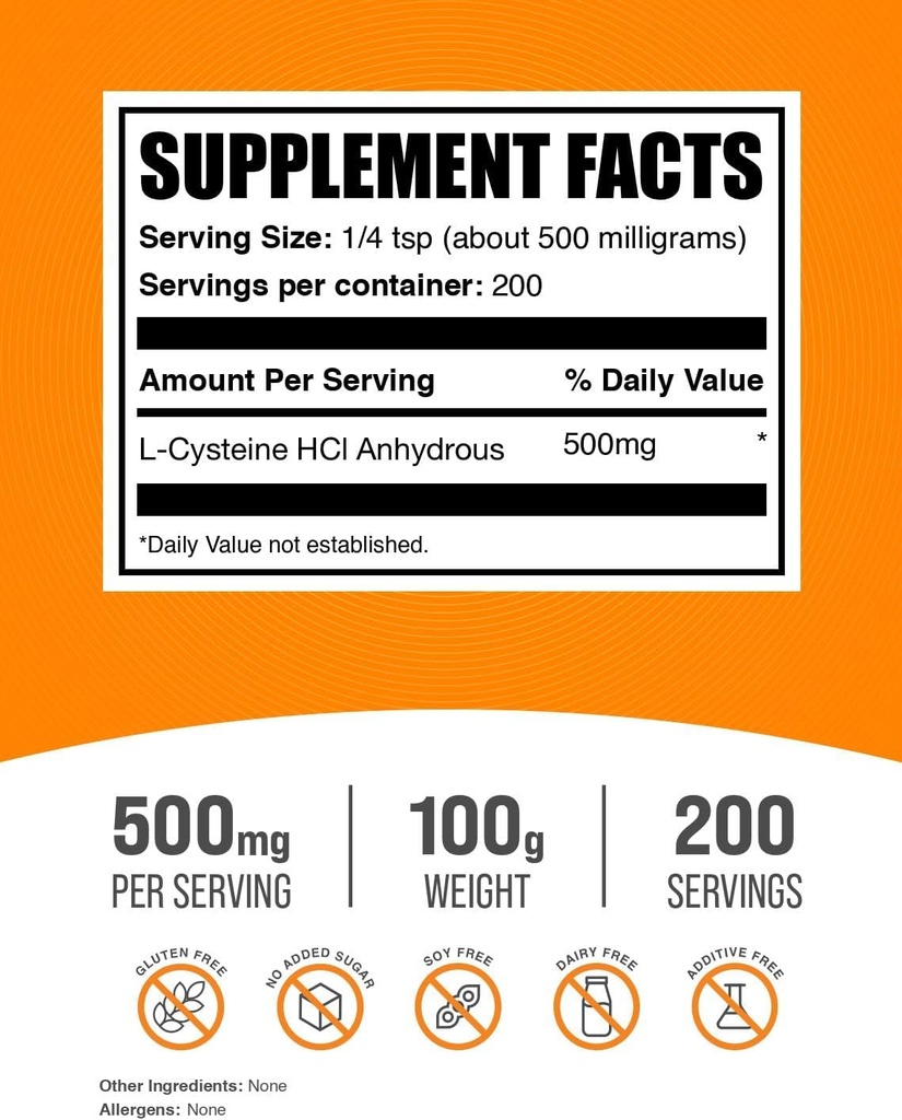BulkSupplements.com L-Cysteine HCl Powder - NAC Supplement, Amino Acid Supplement - Gluten Free, 500mg per Serving, 100g (3.5 oz) (Pack of 1) 3