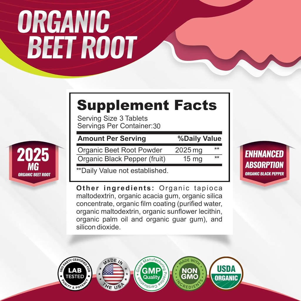 Organic Beet Root Powder Tablets - 2040mg Natural Nitric Oxide Beets to Support, Energy, Black Pepper Better Absorption, Non-GMO, for Men Women, 90 Tablets 3