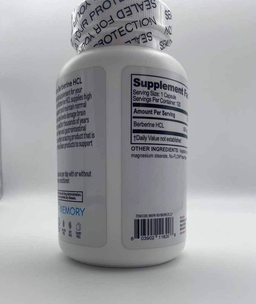 Brain Bean Ultra - Pure Berberine HCL Supplement 500mg for Brain Health - Non-GMO, Gluten-Free 120 Vegan Capsules of Berberine Supplement (Made in USA) 6