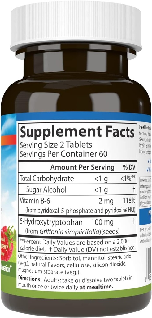 Carlson - Healthy Mood 5-HTP Elite, 100 mg, Serotonin Production, Healthy Mood & Promotes Relaxation, Natural Raspberry Flavor, 120 Tablets 3