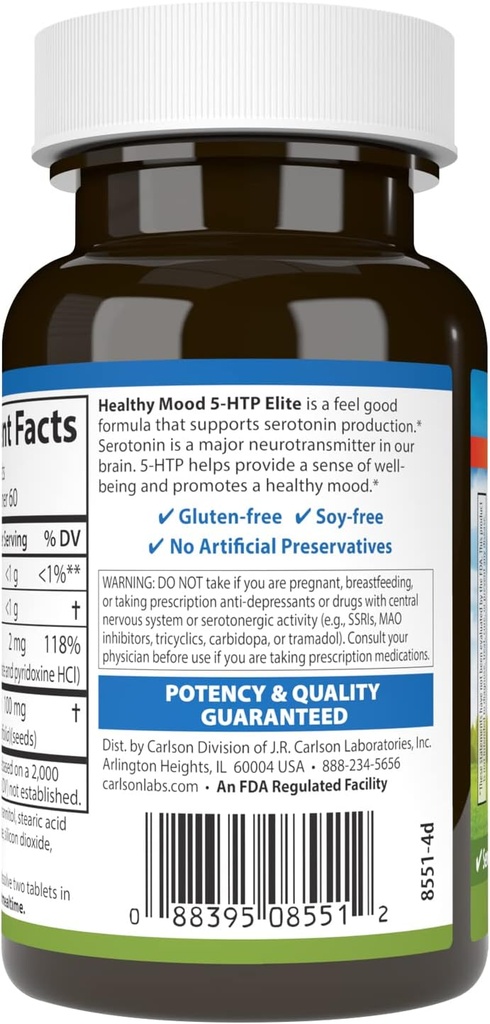 Carlson - Healthy Mood 5-HTP Elite, 100 mg, Serotonin Production, Healthy Mood & Promotes Relaxation, Natural Raspberry Flavor, 120 Tablets 4