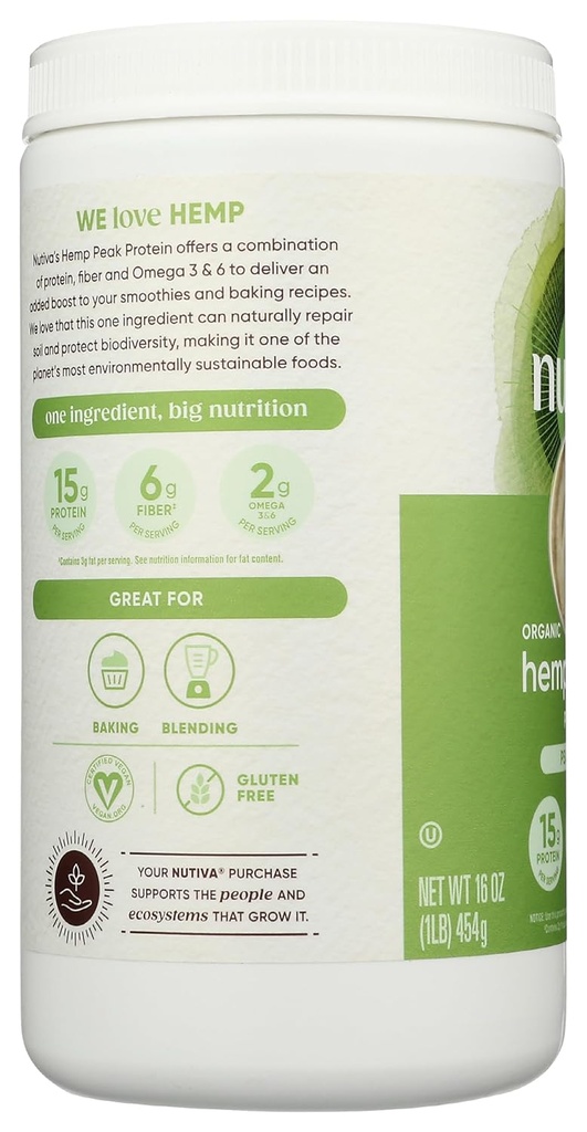 Nutiva Organic Cold-Pressed Raw Hemp Seed Protein Powder, Peak Protein, 16 Oz, USDA Organic, Non-GMO, Whole 30 Approved, Vegan, Gluten-Free & Keto, Plant Protein with Essential Amino Acids 5