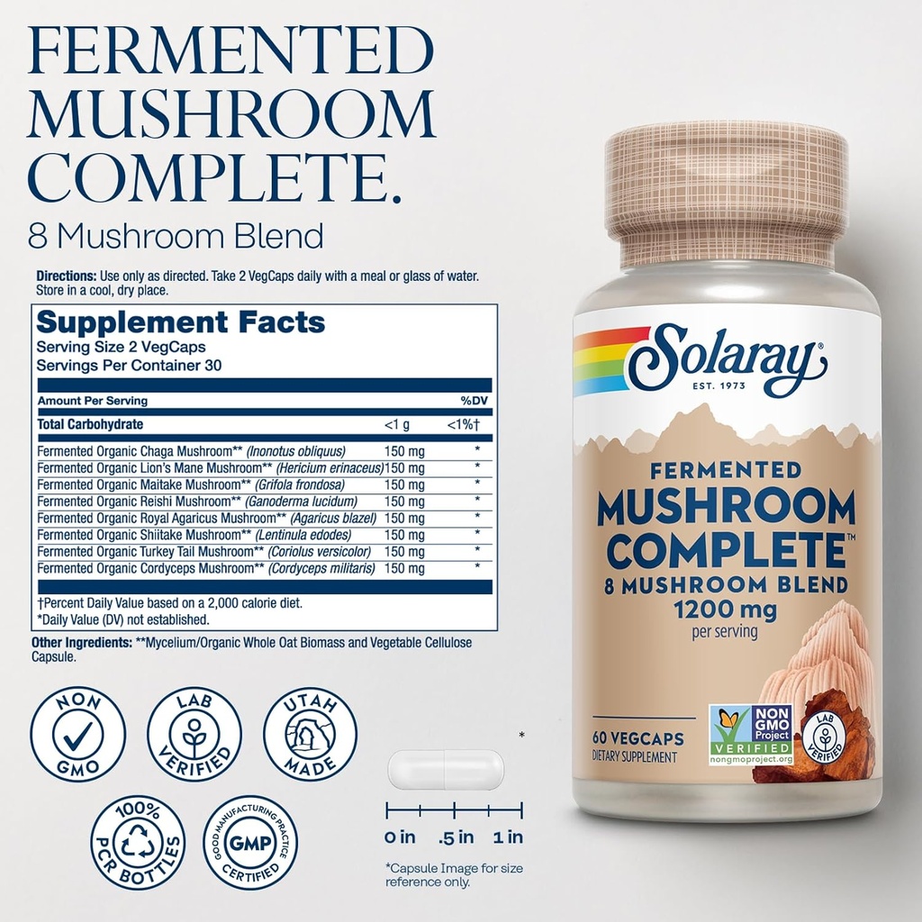 SOLARAY Mushroom Complete and Lions Mane Mushrooms Bundle - 8 Mushroom Supplement Plus Organic Lion’s Mane - Fermented for Enhanced Absorption and Whole Body Wellness, 60-Day Guarantee, 60 VegCaps Ea. 3