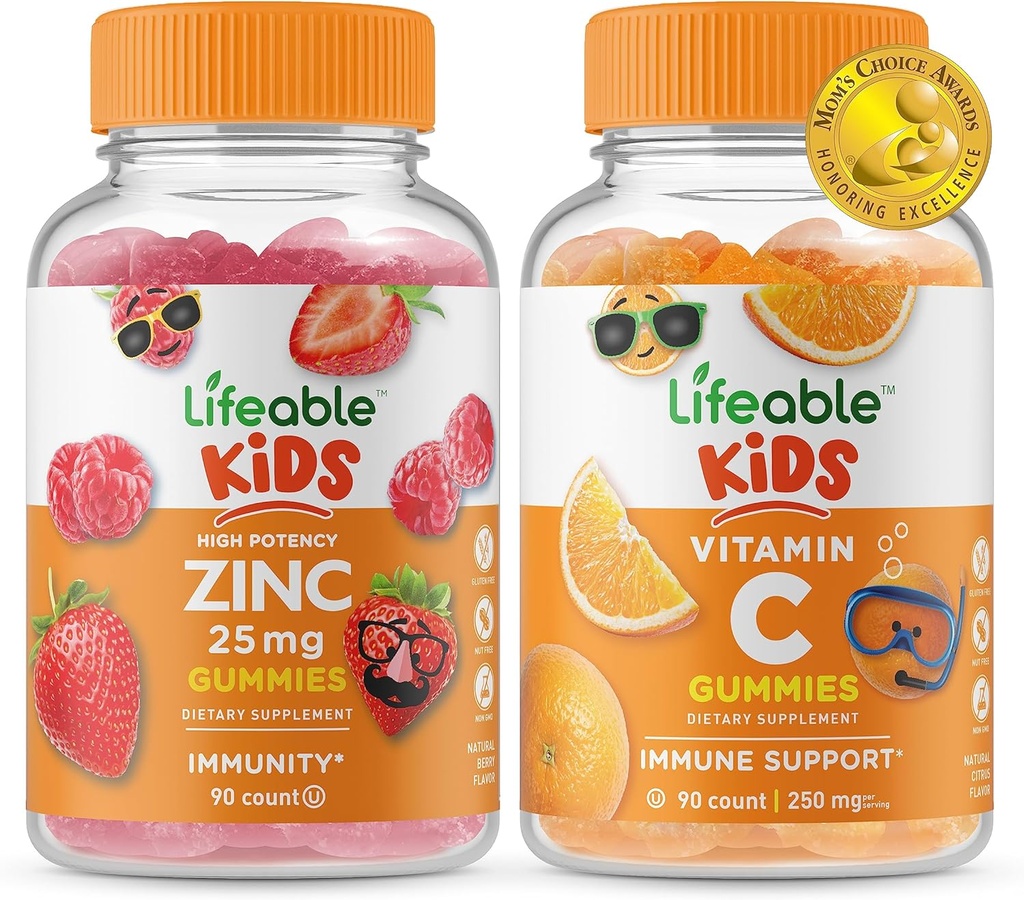 Lifeable Zinc 25mg Kids + Vitamin C Kids, Gummies Bundle - Great Tasting, Vitamin Supplement, Gluten Free, GMO Free, Chewable Gummy 2