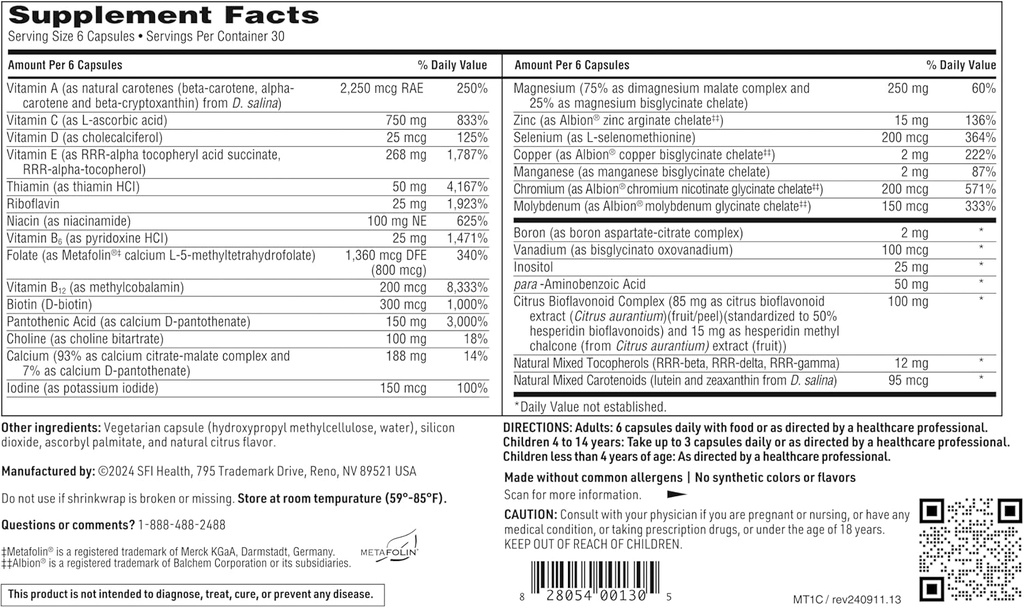 Klaire Labs SFI Health MultiThera 1 Iron-Free Multivitamin & Multimineral Capsule Formula with Essential Micronutrients - High Potency with Bioactive Folate & B12 - No Iron (180 Capsules) 6
