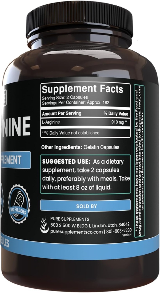 Pure Original Ingredients L-Arginine (730 Capsules) No Magnesium Or Rice Fillers, Always Pure, Lab Verified 3