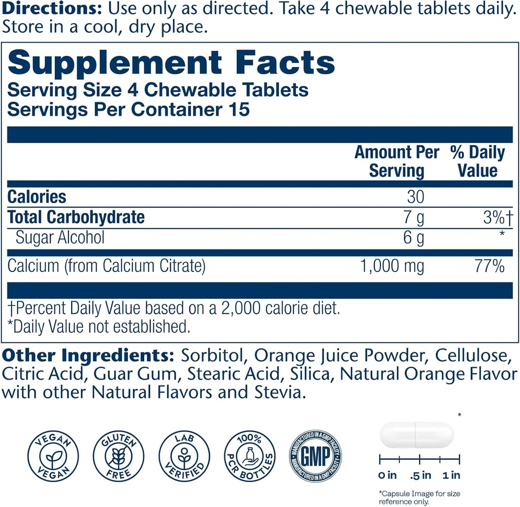 Solaray Calcium Citrate 1000 mg, Natural Orange Flavor Chelated Calcium Supplement for Bone Strength, Teeth, Nerve, Muscle, and Heart Function Support, 60-Day Guarantee, 15 Servings, 60 Chewables 3