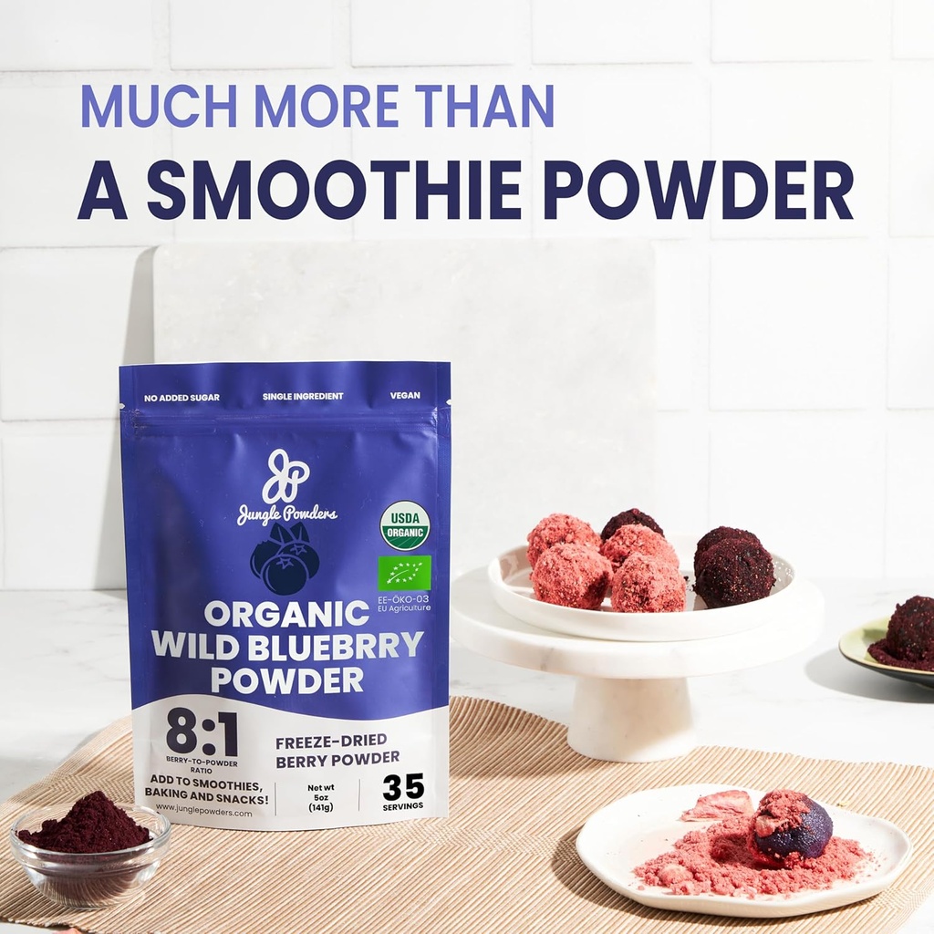 Jungle Powders Wild Bilberry Extract Organic Blueberry Powder USDA Organic Raspberry Powder Bundle Blueberries Raspberries Powdered Whole Berry for Baking Bilberry Supplement for Eyes 5