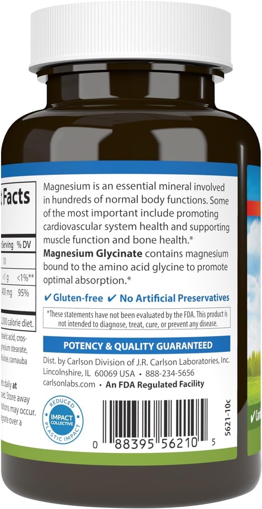 Carlson - Magnesium Glycinate, 200 mg, Superior Absorption, Heart Health, Muscle Function, Bone Support, 120 Tablets 4