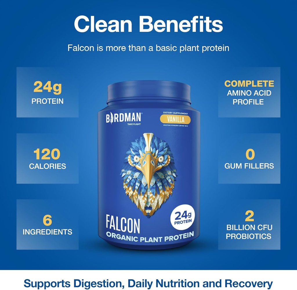 BIRDMAN Falcon Vegan Protein Powder Organic, Stevia & Sugar Free, Plant Based Protein, Low Carb, Dairy Free, Keto, Non Whey Protein, Probiotic, Pea Protein | Vanilla Flavor - 37 Servings - 2.64lb 4