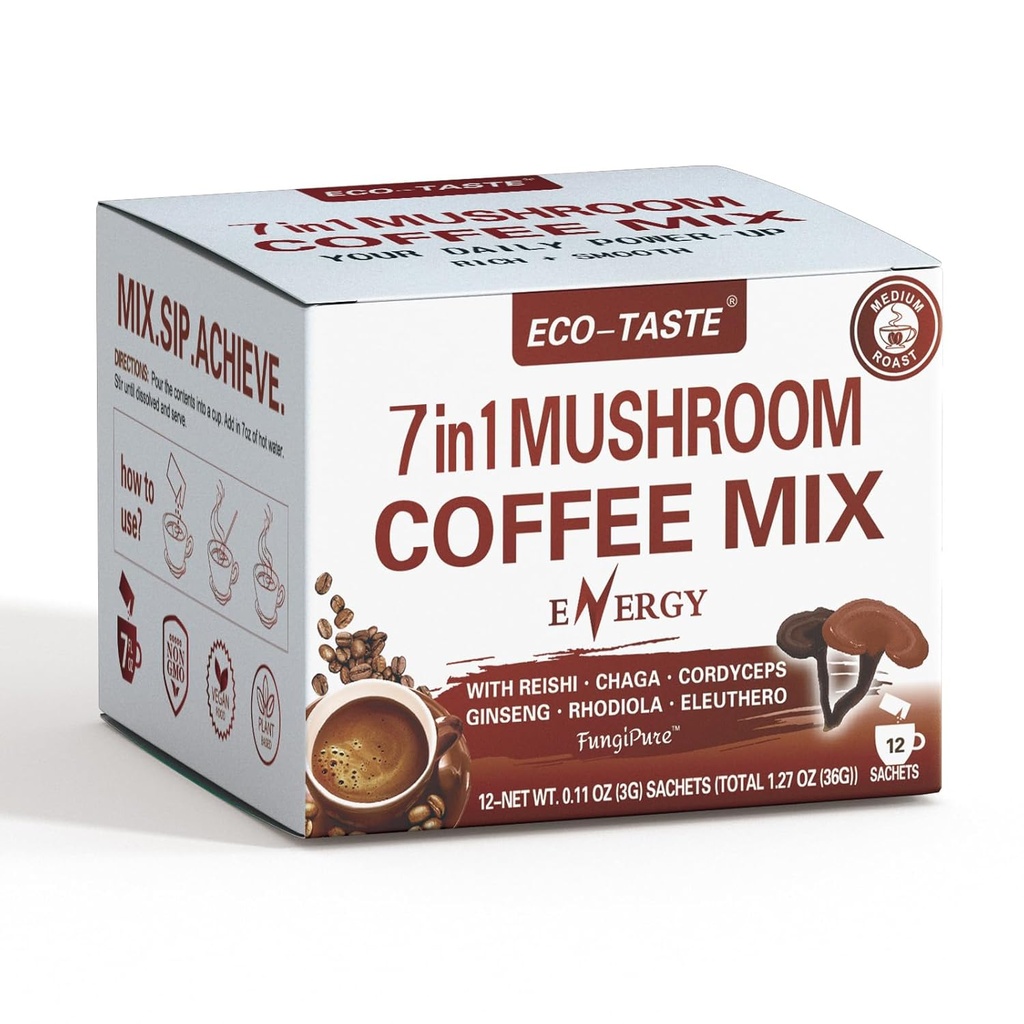 Mushroom Coffee Mix 7 in 1, TCM Designed for Energy with Reishi, Cordyceps, Chaga, Rhodiola, Ginseng, and Eleuthero Mushroom Extracts – 12 Sachets 2