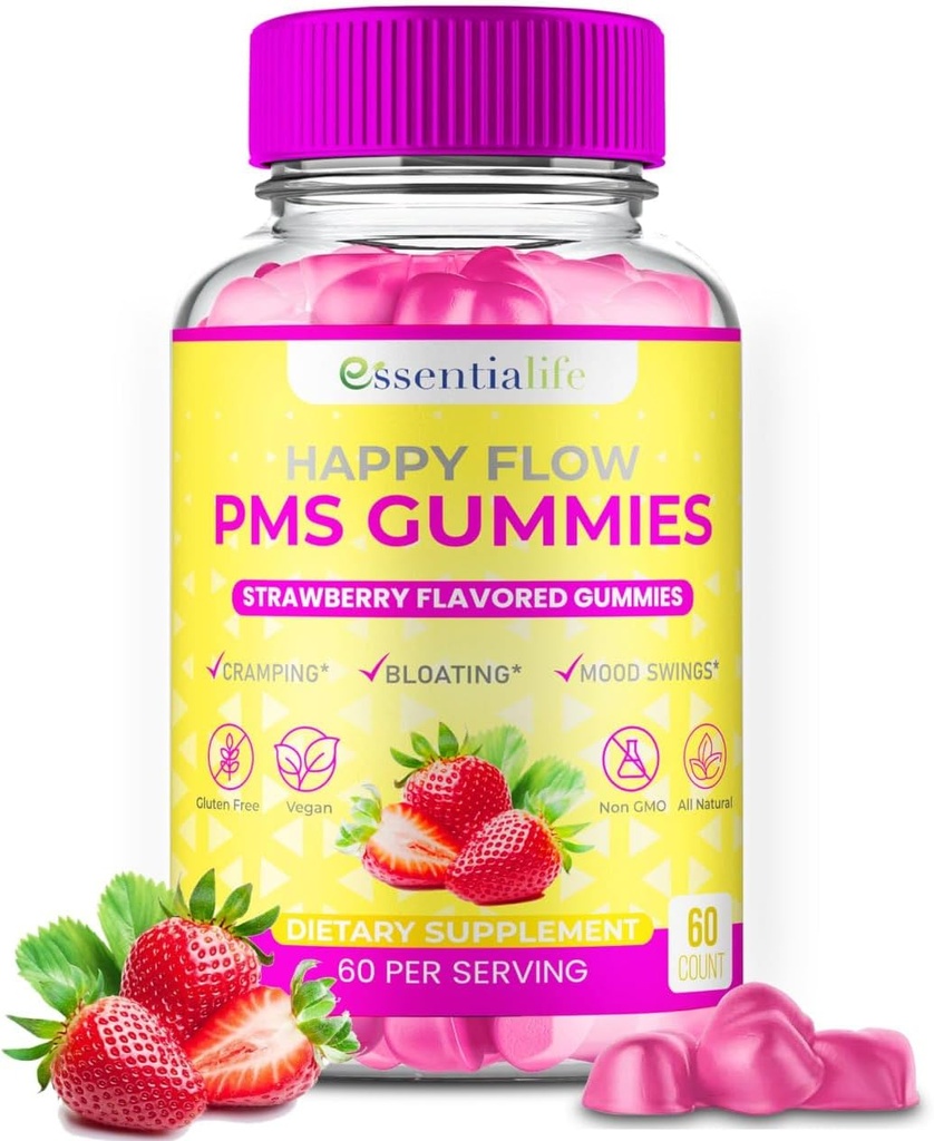 PMS Gummies - Happy Flow PMS Support Supplement for Women - Strawberry PMS Relief Supplement with Vitamin B6 for Hormone Balance, Period Support, Cramps, Hormonal Acne & Bloating Relief (60 Count) 2
