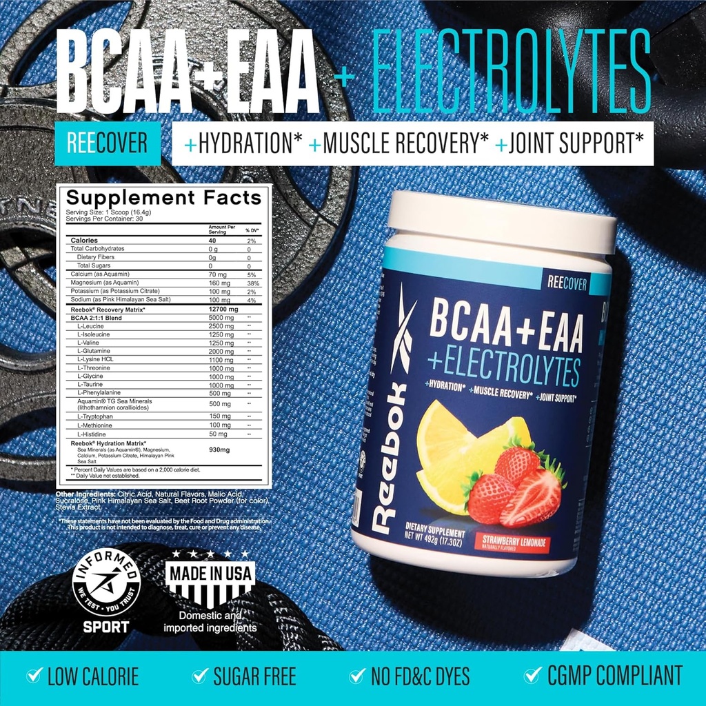 Reebok REEEnergize & REECover Bundle | Pre-Workout + BCAA Recovery System | Watermelon Crush & Strawberry Lemonade | Train & Recover Pack 4