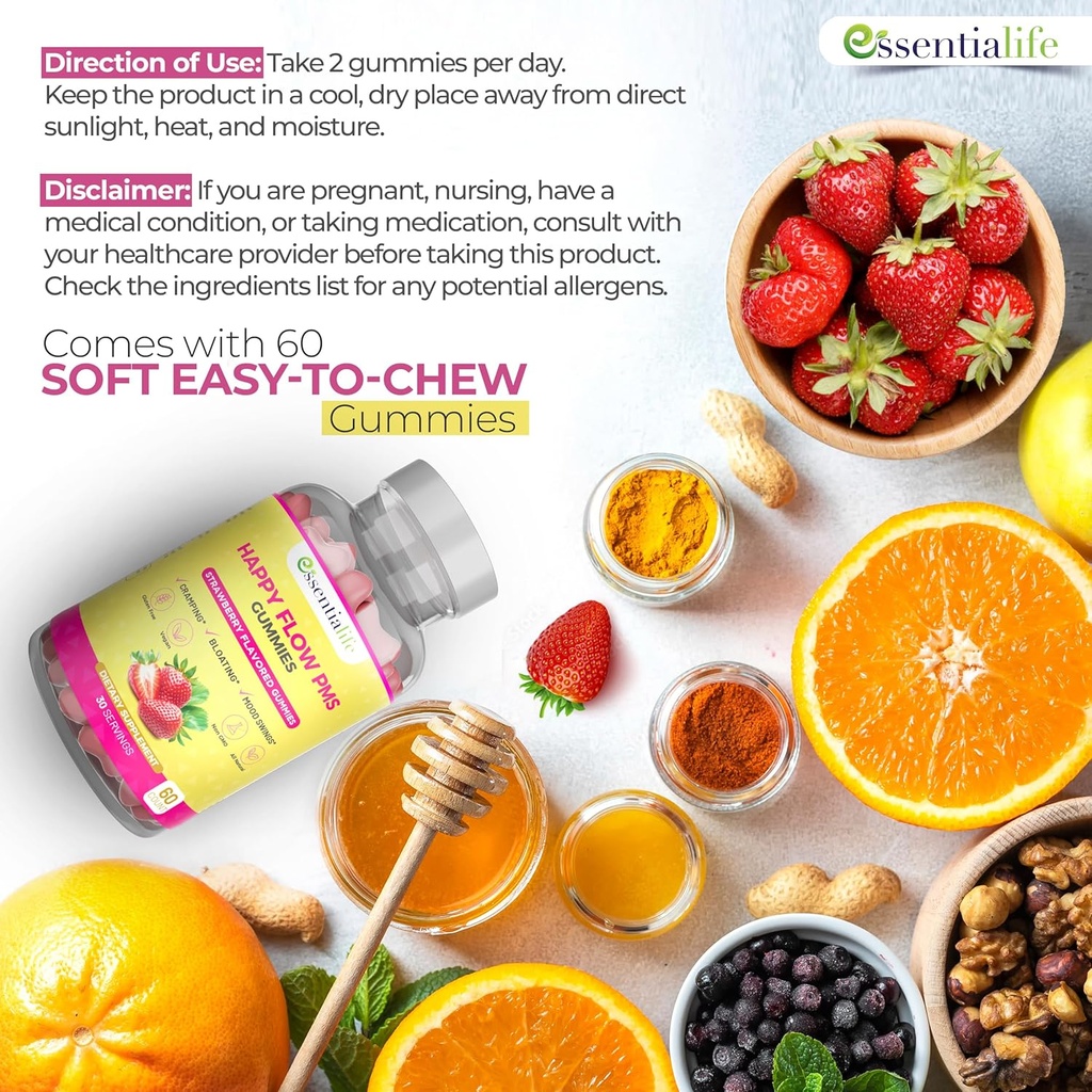 PMS Gummies - Happy Flow PMS Support Supplement for Women - Strawberry PMS Relief Supplement with Vitamin B6 for Hormone Balance, Period Support, Cramps, Hormonal Acne & Bloating Relief (60 Count) 6