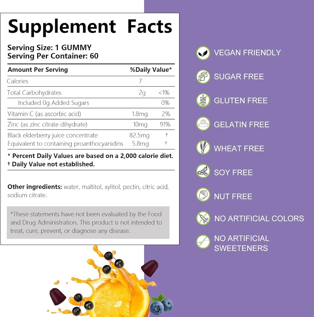 Sambucus Elderberry Gummies, Black Elderberry Gummy with Zinc and Vitamin C for Adults, Sugar Free Kids Multivitamin Gummies Immune Support* Supplement (2 Pack) 4