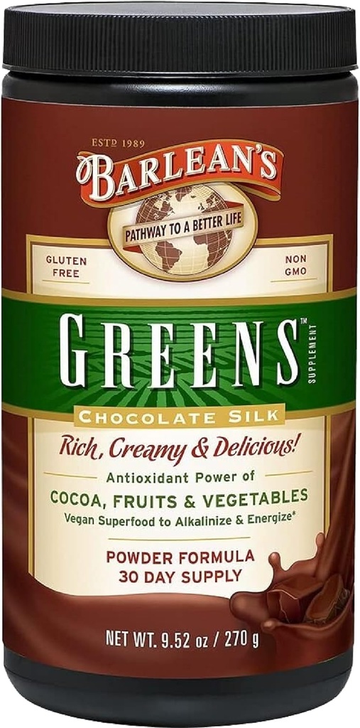 Barlean's Chocolate Greens Powder, Daily Fruit and Vegetable Superfood Supplement, Green Antioxidant Blend and Fiber Smoothie Drink Mix, 9.52 oz 2