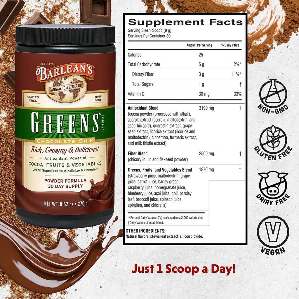 Barlean's Chocolate Greens Powder, Daily Fruit and Vegetable Superfood Supplement, Green Antioxidant Blend and Fiber Smoothie Drink Mix, 9.52 oz 3