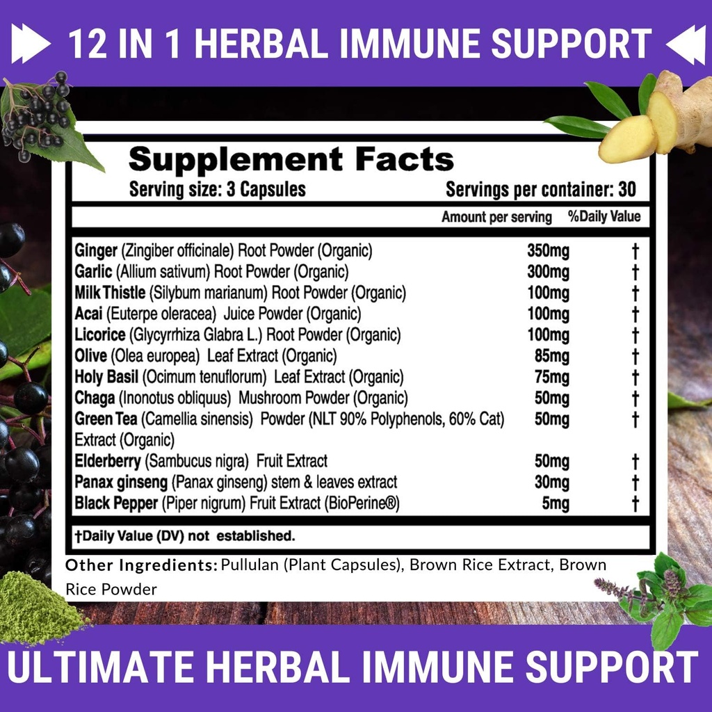 Immune Support Herbal Supplement - 12 in 1 Daily Immune Defense Booster - Garlic, Ginger, Elderberry, Holy Basil, Green Tea Extract, Milk Thistle, Mushroom & Panax Ginseng - 90 Vegan Capsules Pills 6