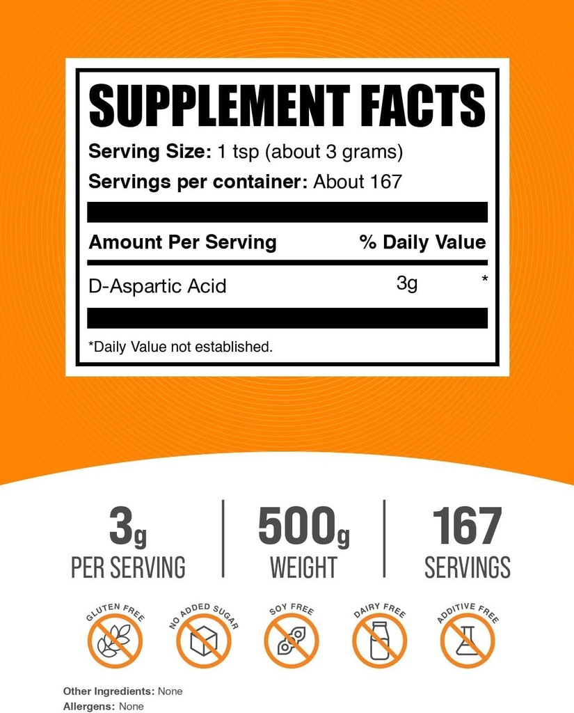 BulkSupplements.com D-Aspartic Acid Powder - D-Aspartic Acid Supplement for Men, Unflavored Amino Acid - Pure & Gluten Free, 3g per Serving, 500g (1.1 lbs) (Pack of 1) 3