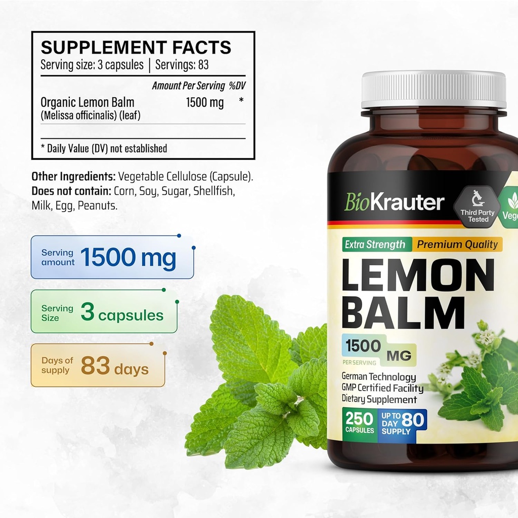BIO KRAUTER Lemon Balm Capsules 1500 mg - 250 Count - Vegan Melissa Herbal Supplement - Natural Relaxation Support - Lemon Balm Leaf 4