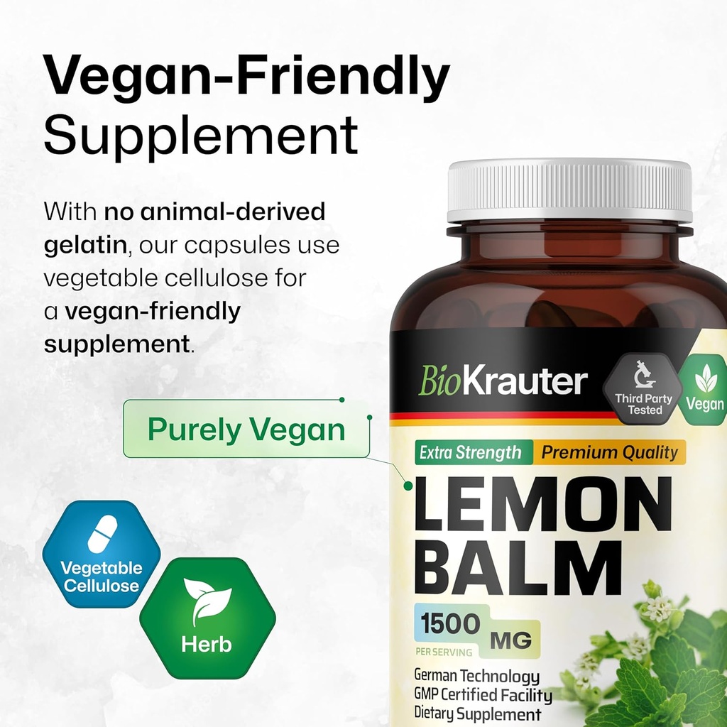 BIO KRAUTER Lemon Balm Capsules 1500 mg - 250 Count - Vegan Melissa Herbal Supplement - Natural Relaxation Support - Lemon Balm Leaf 5