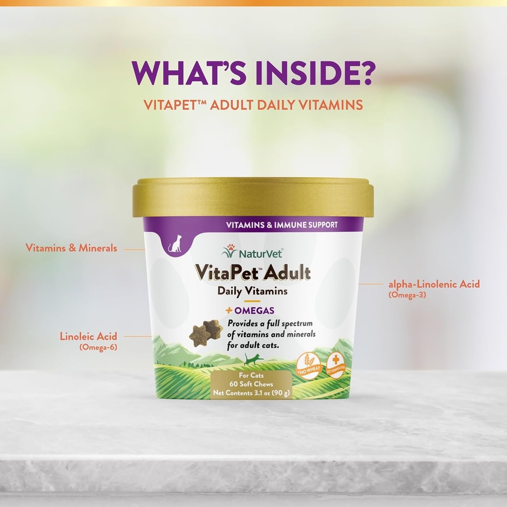 NaturVet VitaPet Adult Daily Vitamins Plus Omegas for Cats, 60 ct Soft Chews, Made in The USA with Globally Source Ingredients 6