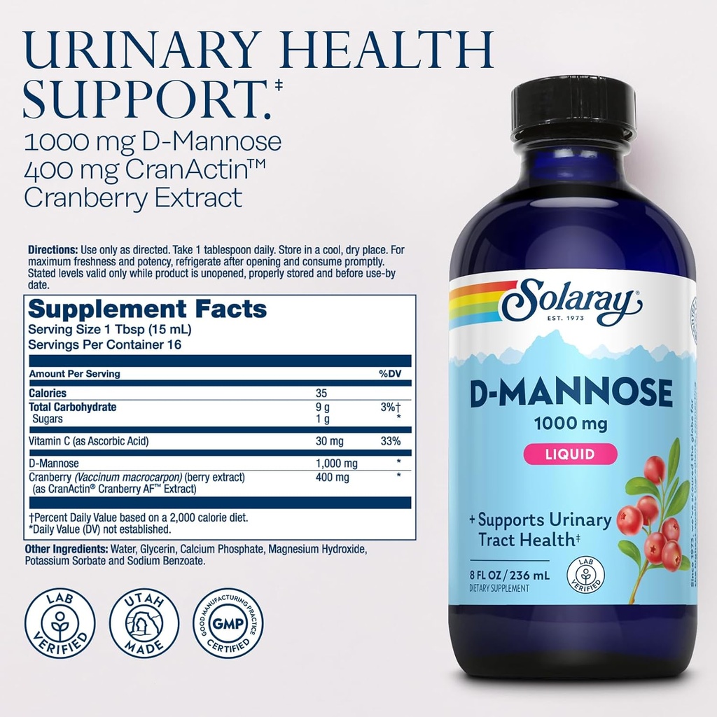 SOLARAY D-Mannose 1000 mg Liquid Formula with CranActin Cranberry Extract - D Mannose Cranberry Supplement with Vitamin C - Supports Urinary Tract Health - 60-Day Guarantee, 16 Serving, 8 FL OZ 3