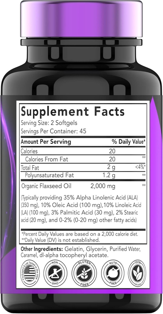 tnvitamins Organic Flaxseed Oil Softgels: 2000 mg - 90 Softgels | High in Omega-3 Fatty Acids | Flaxseed Oil Supplement for Women & Men | Non-GMO 3