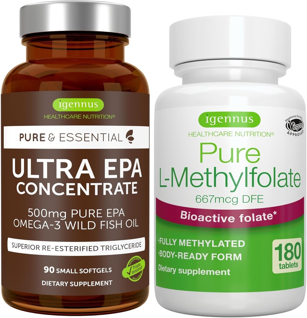Ultra Pure EPA + Pure Folate 400mcg Bundle, 500 mg Omega-3 EPA Wild Fish Oil + Optimized L-Methylfolate, by Igennus 2