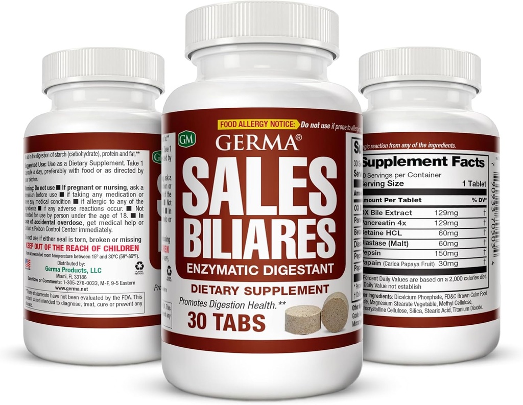 Germa Bile Salts Natural Dietary Supplement, for Liver Support / Sales Biliares Suplemento Dietetico Natural, Ayuda Higado 30 Tabs 2