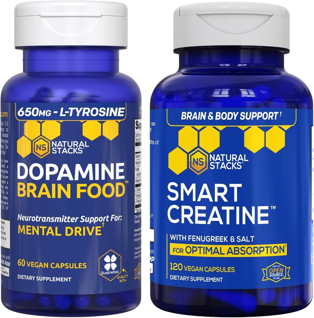 NATURAL STACKS Dopamine Brain Food + Creatine Monohydrate Bundle - Supports Mentral Drive & Brain Health* - Advanced Absorption Formula - 180 Capsules 2