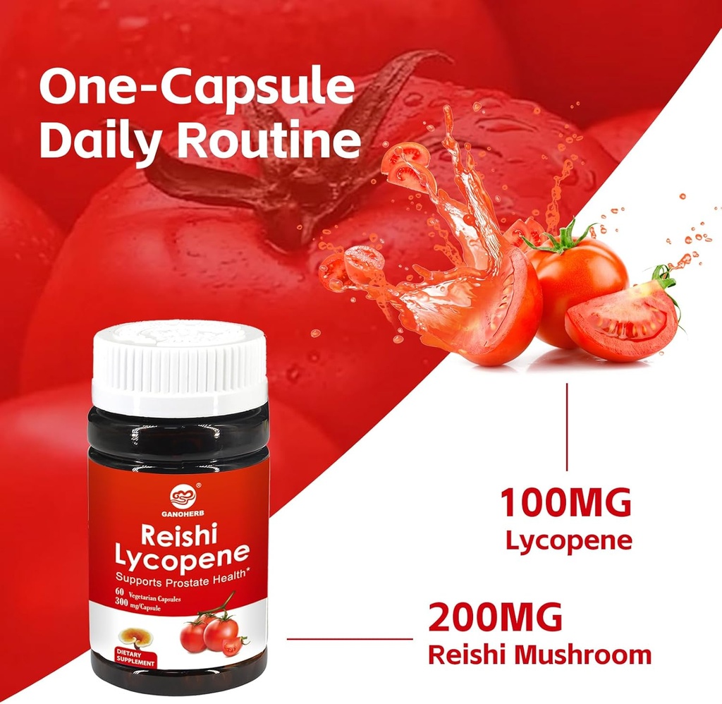 Lycopene Supplement 100mg, Natural Tomato Extract with Reishi Mushroom 200mg, Mushroom Capsule for Immune Health, Gluten-Free, Non-GMO, Vegan, 60 Rapid Release Capsules 6