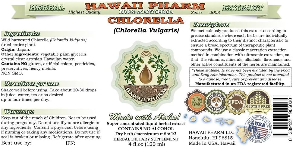 Chlorella Alcohol-Free Liquid Extract, Chlorella (Chlorella vulgaris) Entire Plant, Dried Glycerite Hawaii Pharm Natural Herbal Supplement 2 oz 3