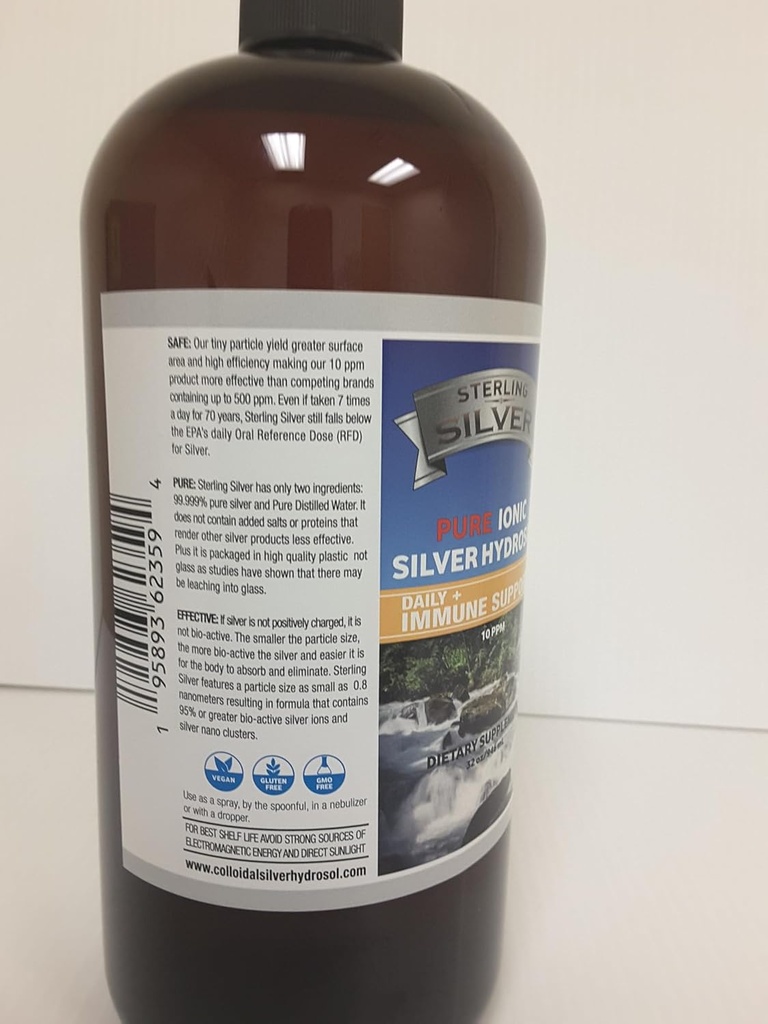 Sterling Silver Pure Ionic Colloidal Silver Hydrosol Liquid 10PPM - 32 Oz - Immune Support Supplement - Nano Silver Minerals Water Solution for Adults, Kids, Pets, Dogs, Cats - Odorless & Tasteless 2