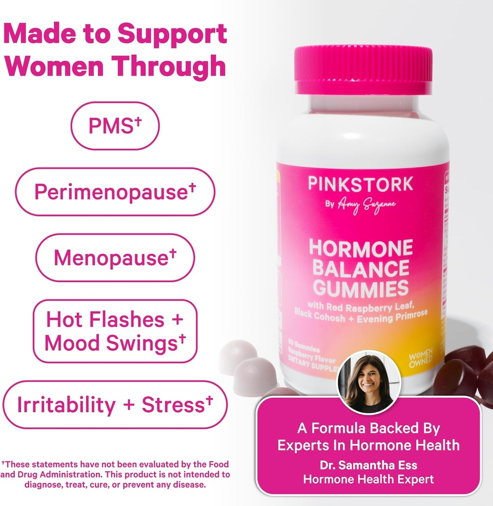 Pink Stork Hormone Balance Gummies for Women – PMS, Menopause & Estrogen Support – Mood, Bloating, Hot Flashes & Energy – Red Raspberry Leaf, Black Cohosh, Primrose – 60 Vegan Gummies 4