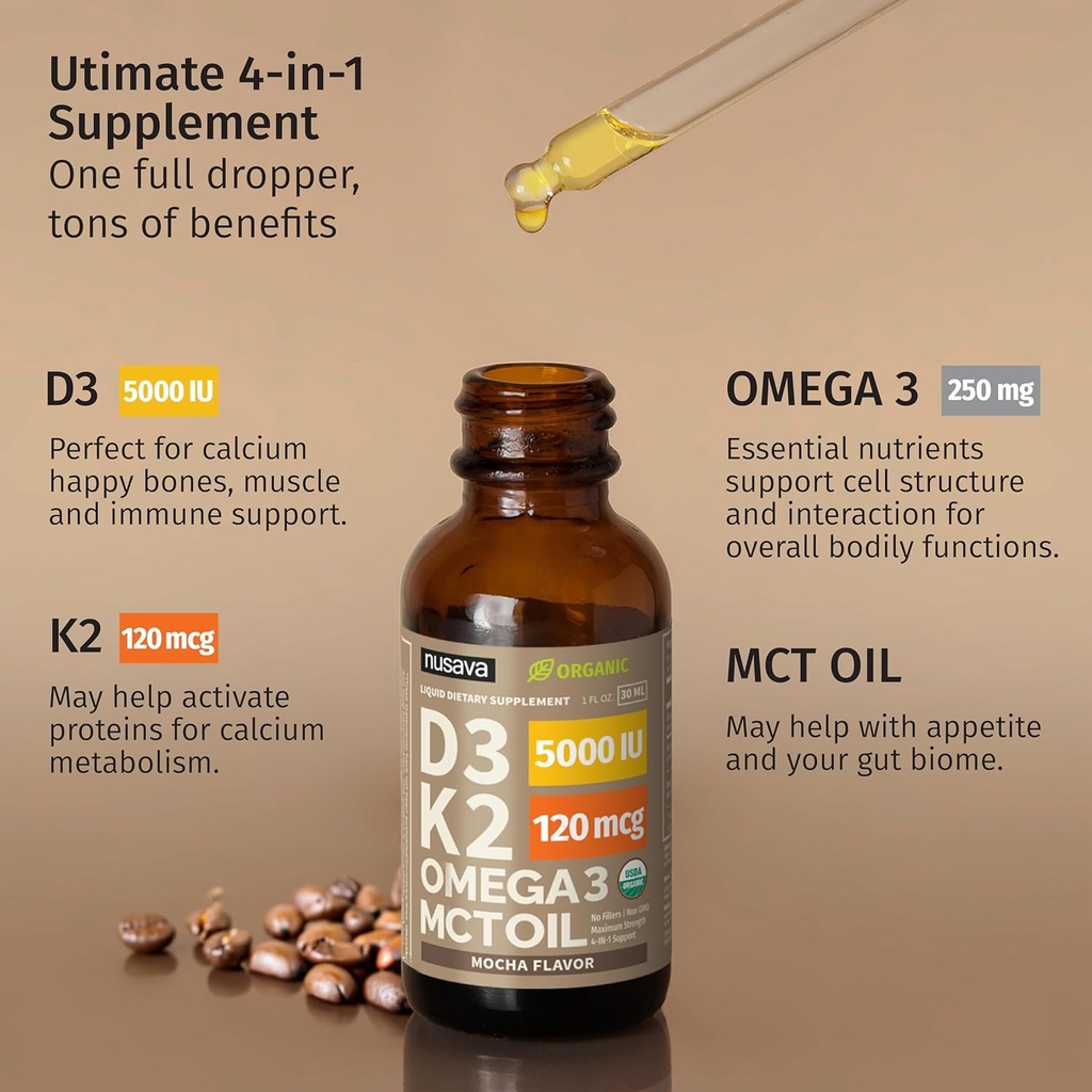 (2 Pack) Organic Vitamin D3 K2 Drops with MCT Oil Omega 3, 5000 IU, Maximum Strength Vitamin D Liquid, No Fillers, Non-GMO Liquid D3 for Faster Absorption and Immune Support (Mocha, 2 Fl Oz) 5