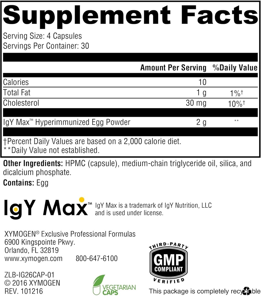 XYMOGEN IG 26 - Immunoglobulin Supplement with IgY Max - Dairy-Free Colostrum Alternative Derived from Hyperimmune Egg - Cytokine Balance & Immune Support - Formerly IG 26 DF (120 Capsules) 3