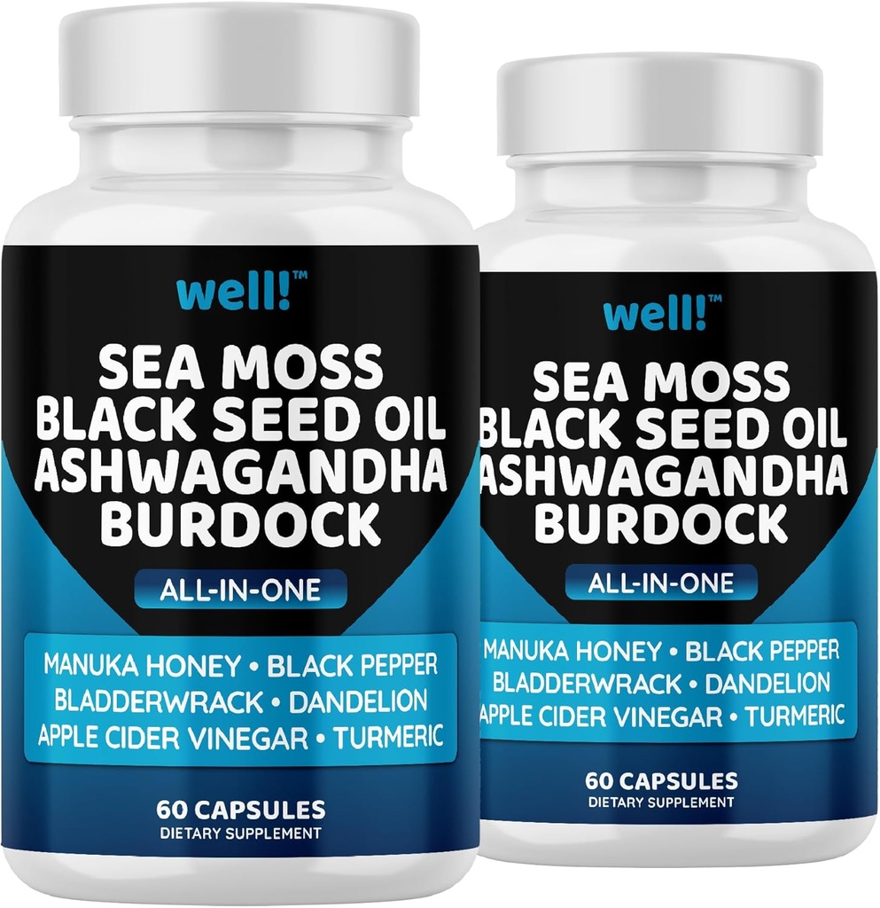 Sea Moss 3000, Black Seed Oil 2000, Ashwagandha 1000, Bladderwrack, Maca, Turmeric - Manuka Honey, Dandelion & Black Pepper, Super Antioxidants Supplement -120 2