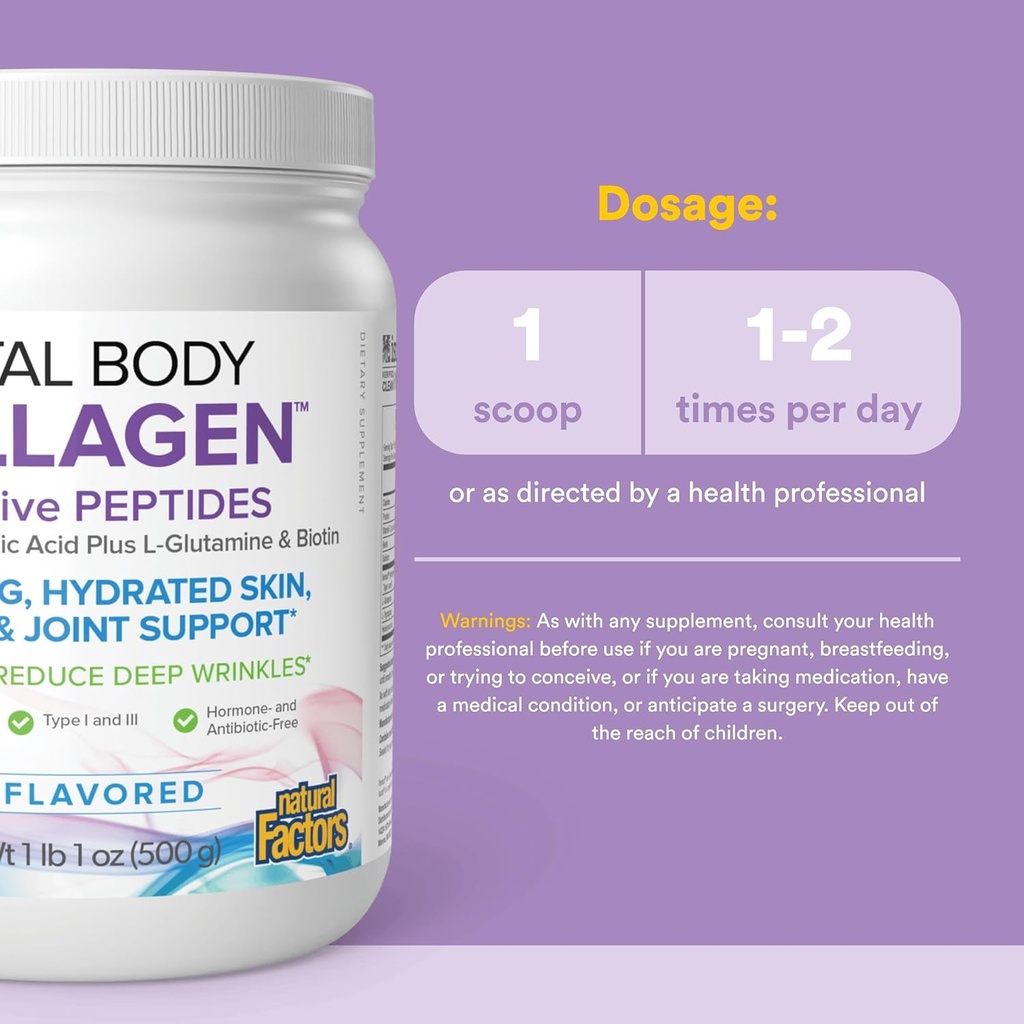 Natural Factors Total Body Collagen - Bioactive Collagen Supplement for Hair & Nail Growth Support - Healthy Skin Supplement with Protein, Vitamin C & More - Unflavored, 500 g (38 Servings) 4