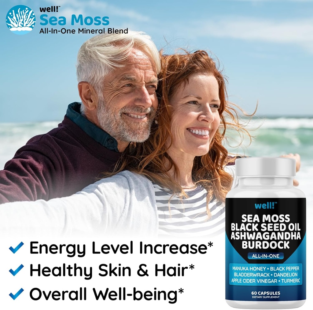 Sea Moss 3000, Black Seed Oil 2000, Ashwagandha 1000, Bladderwrack, Maca, Turmeric - Manuka Honey, Dandelion & Black Pepper, Super Antioxidants Supplement -120 5
