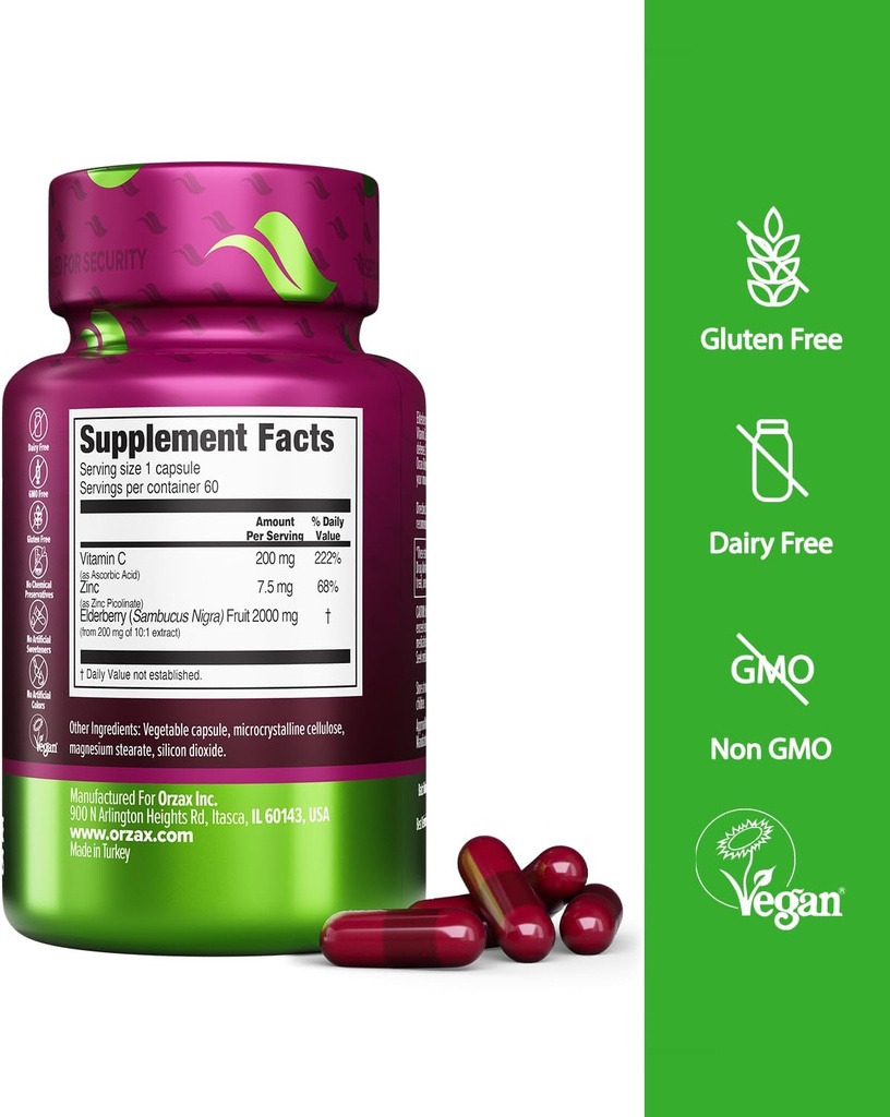 ORZAX Elderberry Capsules - Immune Support Supplement with Elderberry Vitamin C and Zinc - Antioxidants Supplement for Women and Men (60 Vegetable Capsules) 3