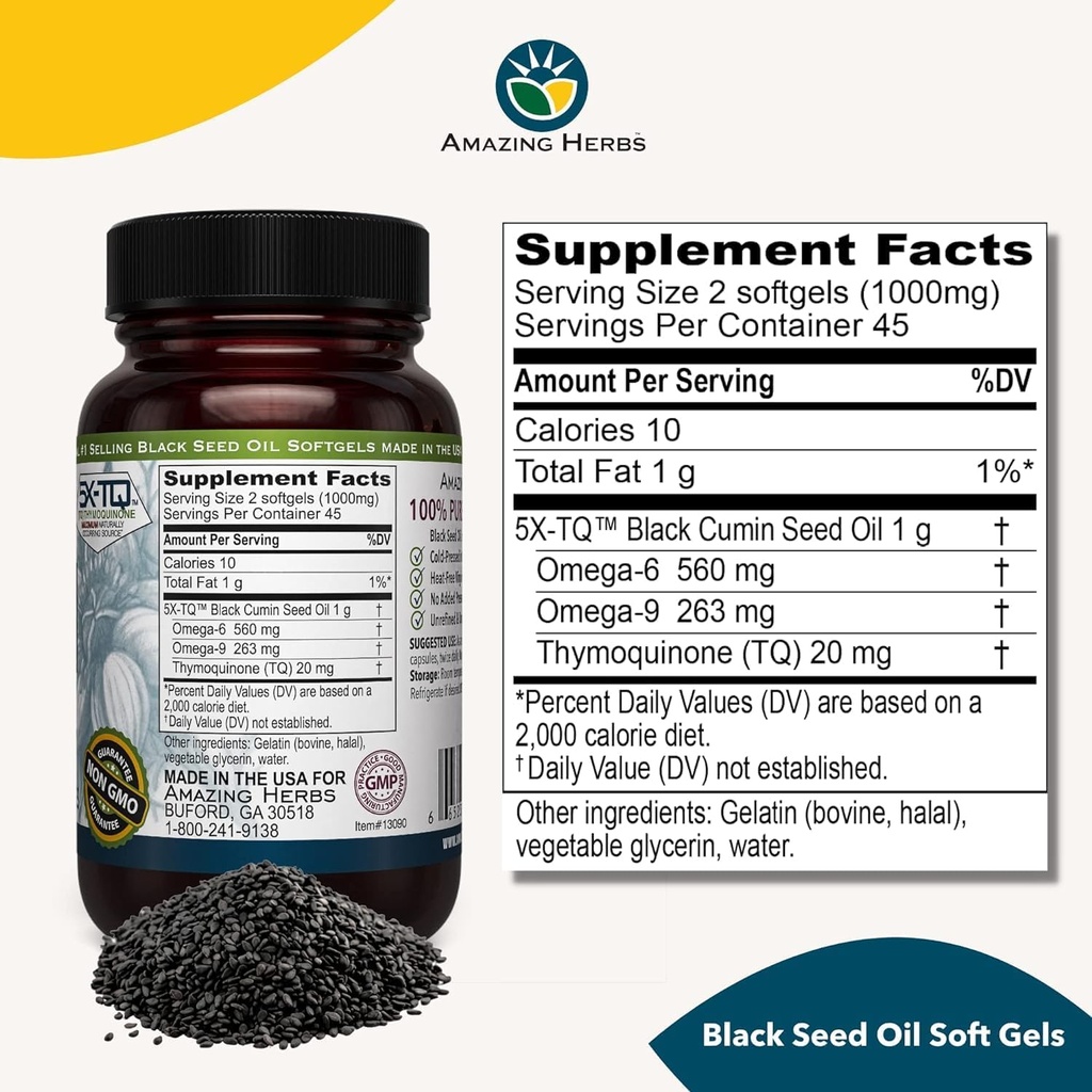 Amazing Herbs Premium Black Seed Oil Capsules - Gluten Free, Non GMO, Cold Pressed Nigella Sativa Aids in Digestive Health, Immune Support, Brain Function - 90 Count, 500mg (Pack of 2) 3