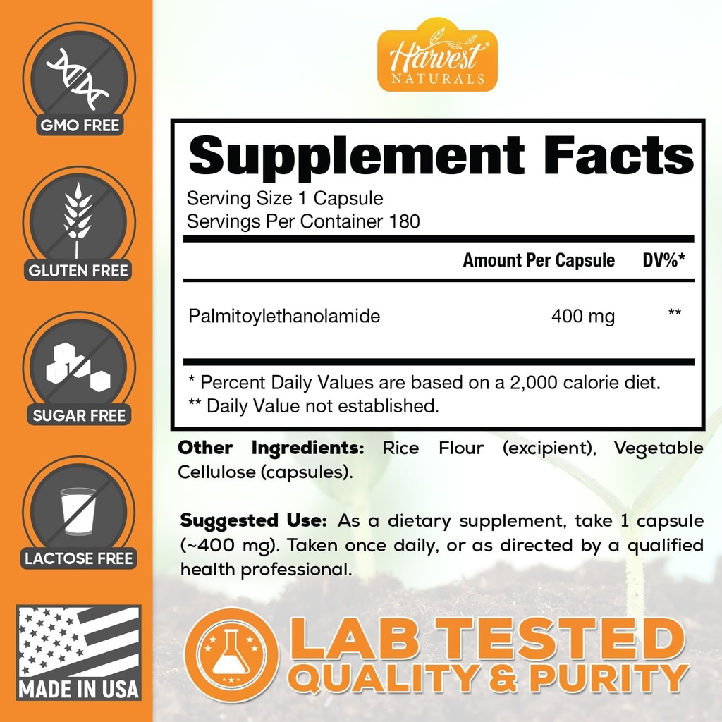 Palmitoylethanolamide Capsules | Pea 400mg | 180 Pill Count | Promotes Natural Inflammation & Discomfort Relief | Lab Tested Ingredients 5