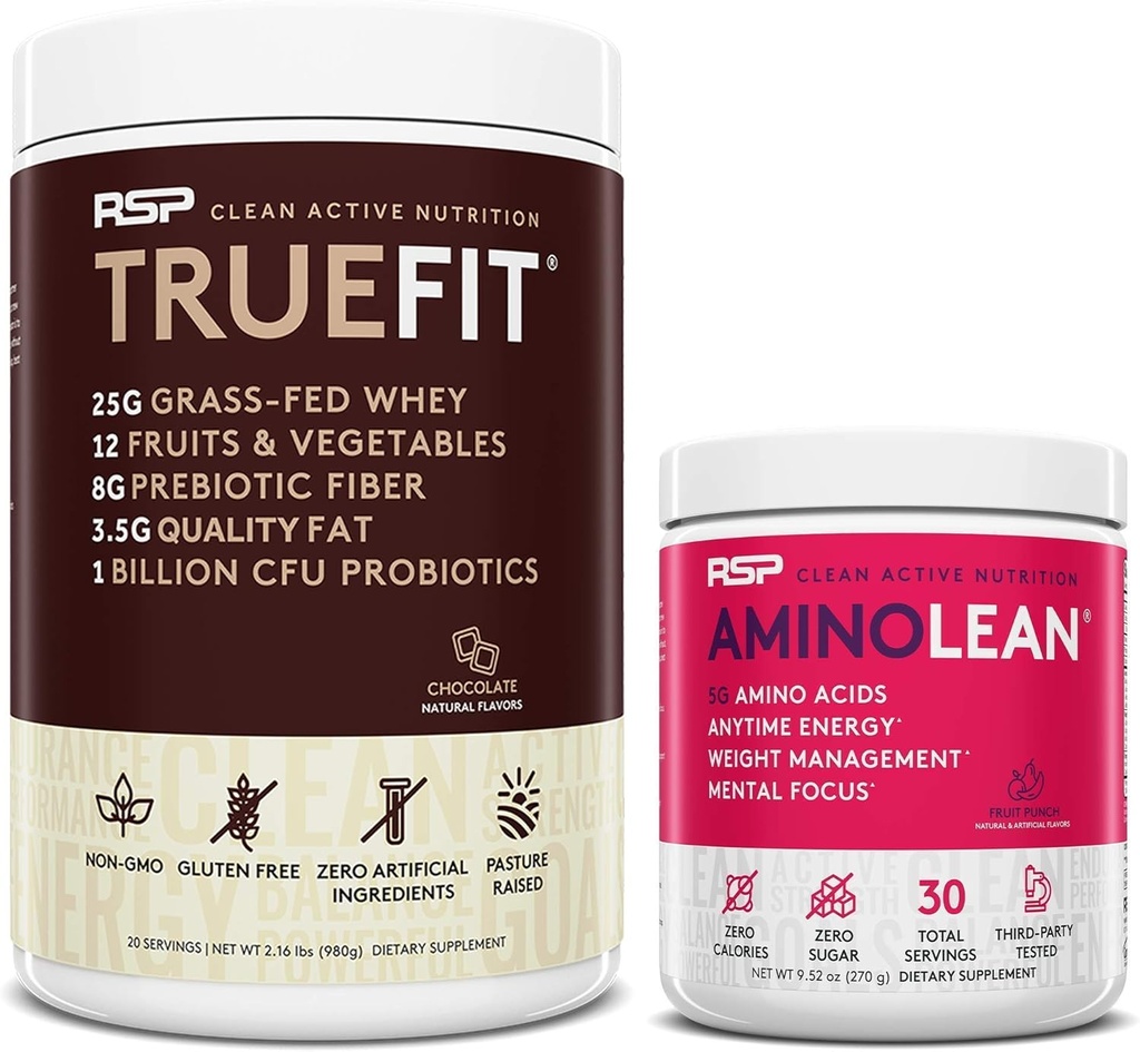 RSP NUTRITION AminoLean Pre Workout Energy (Fruit Punch 30 Servings) with TrueFit Protein Powder (Chocolate 2 LB) 2