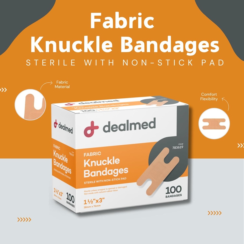 Dealmed Fabric Knuckle Flexible Adhesive Bandages – 100 Count (1 Pack) Bandages with Non-Stick Pad, Latex Free, Wound Care for First Aid Kit, 1 1/2" x 3" 3